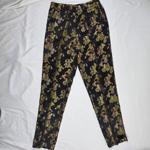 Silk Box Size 4 Black Slim Leg Pants Flower :eaf Brocade Look Side Zipper - Picture 1 of 12
